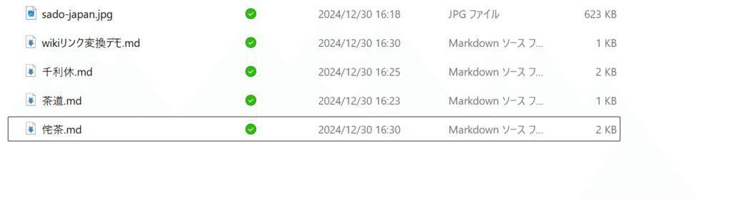 フォルダの中身。デモ用のmdファイルと画像ファイルが入っている